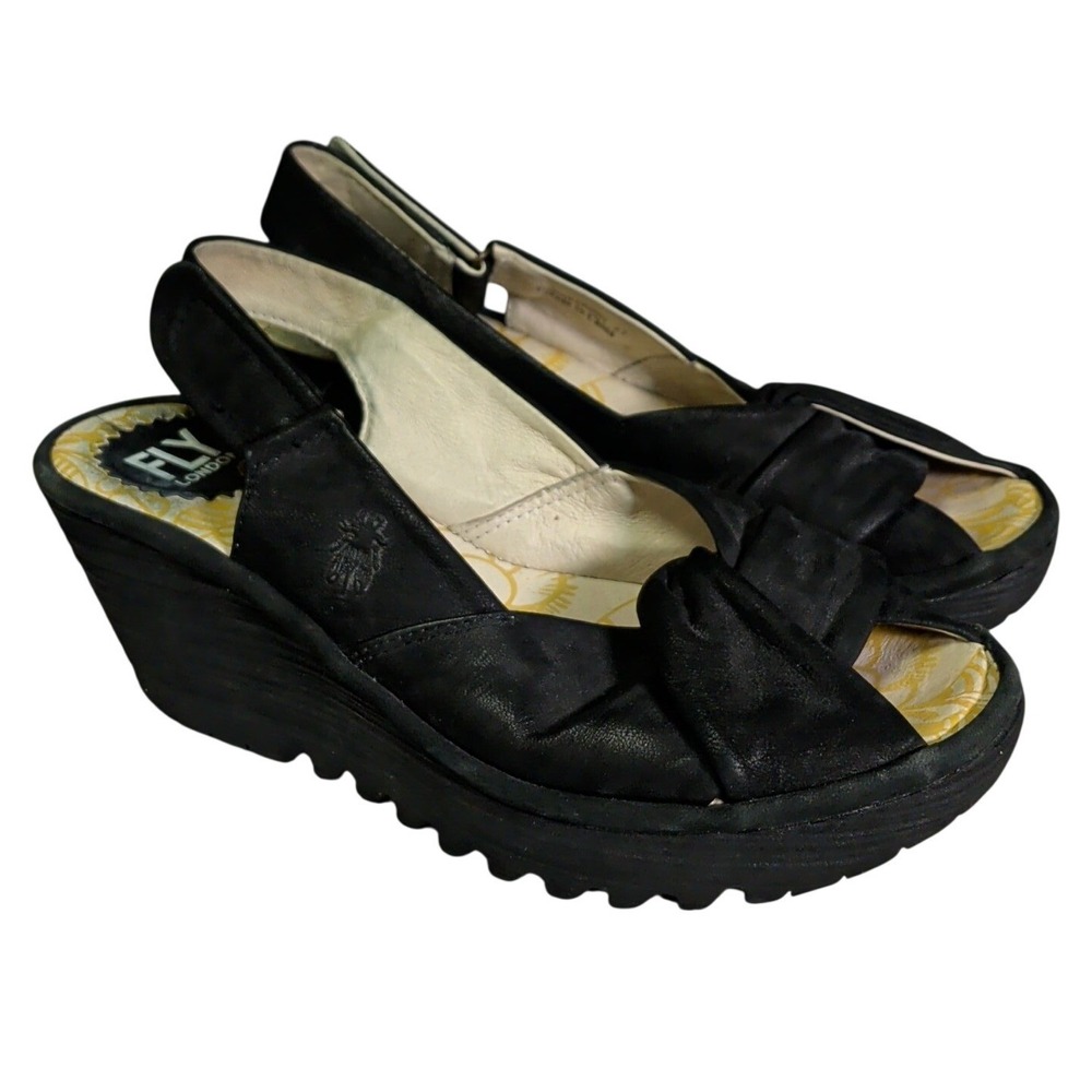 Fly London Yakin Ankle Strap Wedge Sandals US 6 EU 37 Black Leather Peep Toe Y2K